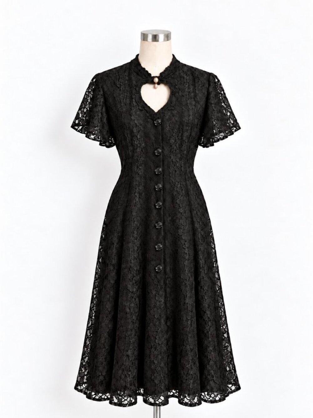 Vintage 1990s Two Roads Black Lace Pearl Keyhole Romantic Goth Dress M
